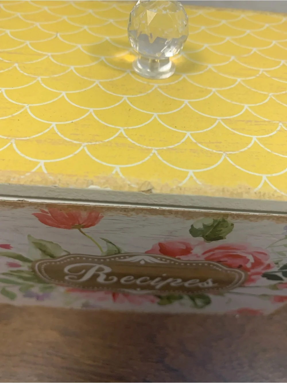 Vintage Wooden Cottagecore Grandma Recipe Box with Yellow Lid Blue/Green/Pink